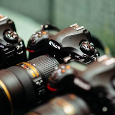 Top angled view of a black Nikon camera